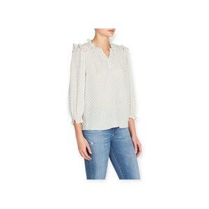 Rebecca Taylor Silk Ikat Dot Ruffle Blouse Blue Ivory Size 10 Long Sleeve Top Ws